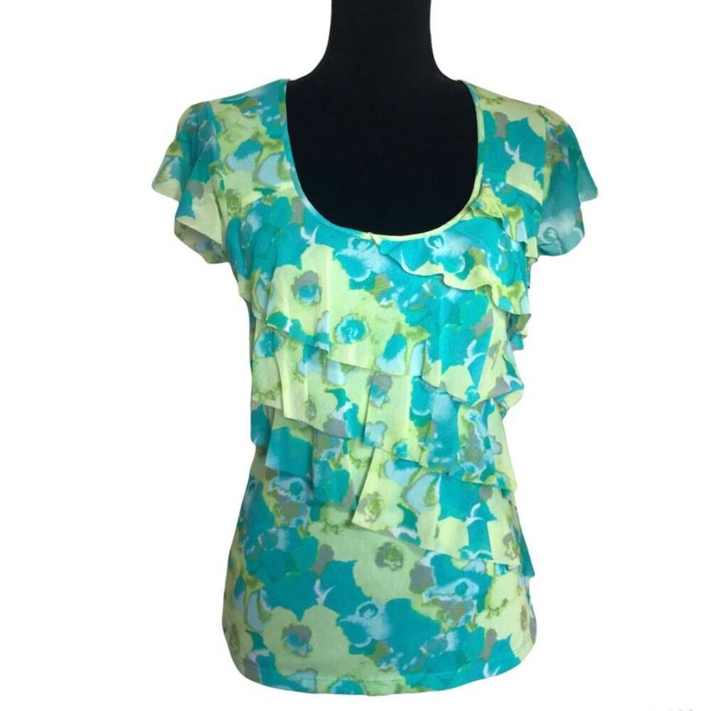 Apt 9 Ruffled Floral Print Short Sleeve Top in Blue/Green - Size Small